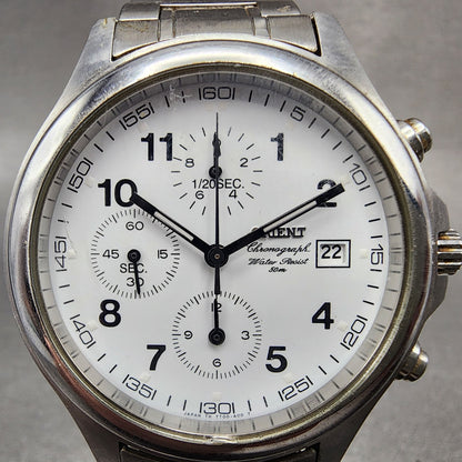 Orient Chronograph Watch Men 38mm White Dial Silver Tone Round New Battery1