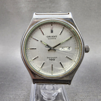 Orient Swimmer Watch Men 35mm Silver Dial Silver Tone Date Round New Battery0