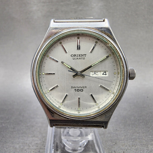 Orient Swimmer Watch Men 35mm Silver Dial Silver Tone Date Round New Battery0