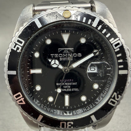 Technos Dive Watch Men 41mm Black Dial Silver Tone Round TAM629 New Battery A1