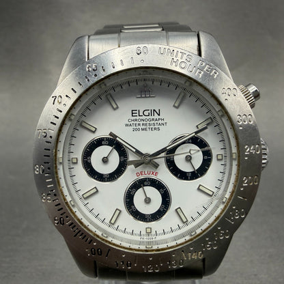 Elgin Chronograph Watch Men 39mm White Dial Silver Tone Round FK-1059 PARTS0