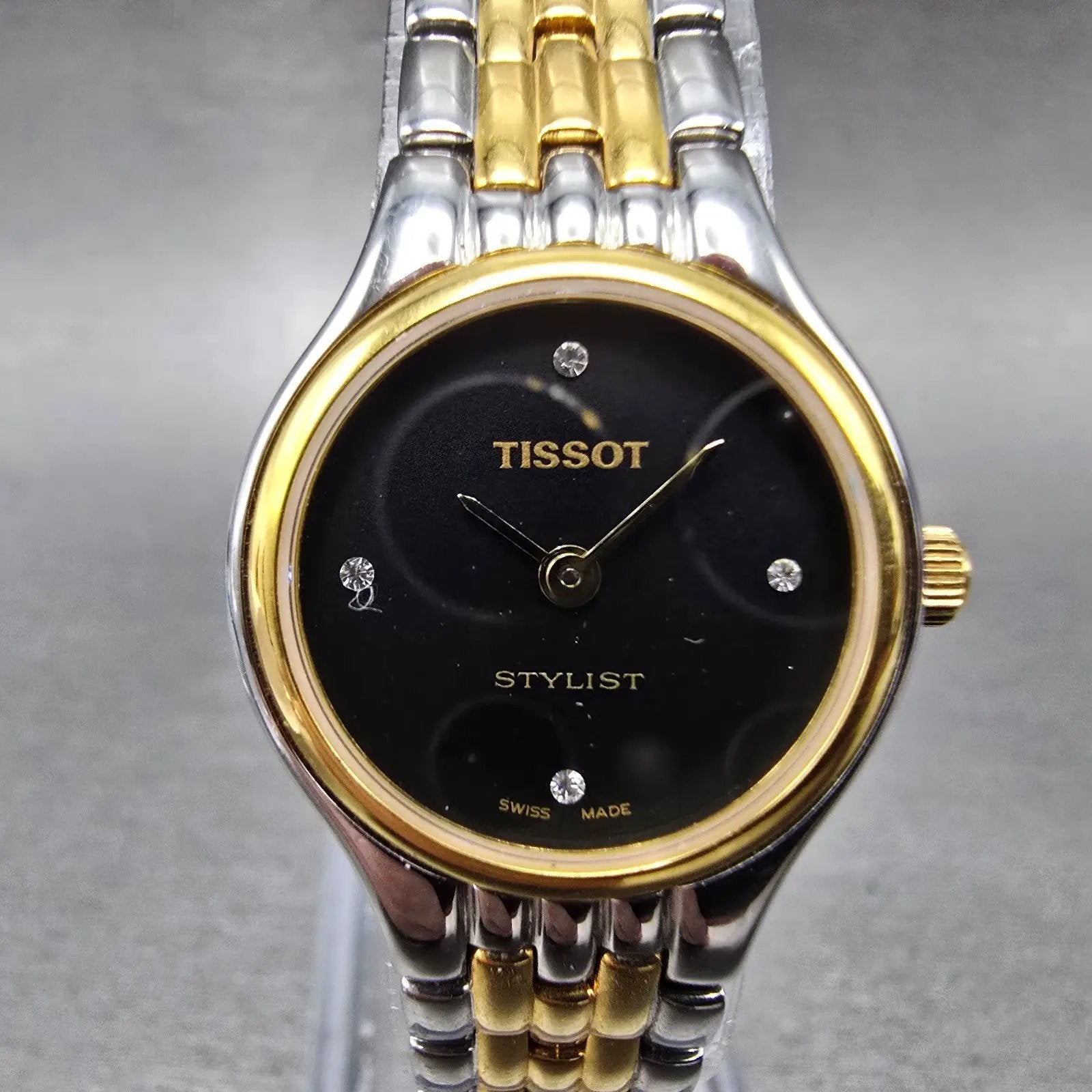 Tissot Stylist Watch Women 23mm Black Dial Two Tone Round V232 New Battery0