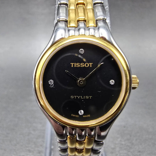 Tissot Stylist Watch Women 23mm Black Dial Two Tone Round V232 New Battery0