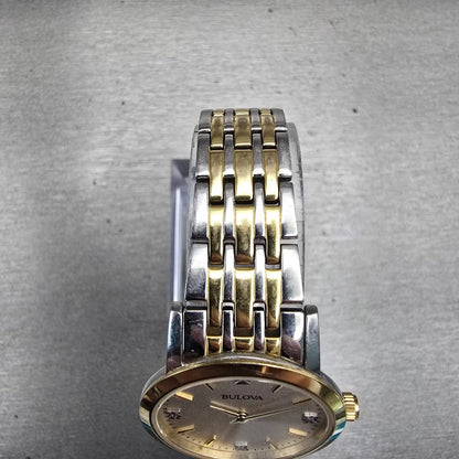 Bulova Watch Women 27mm Silver Dial Two Tone Gemmed Round 98P115 New Battery4