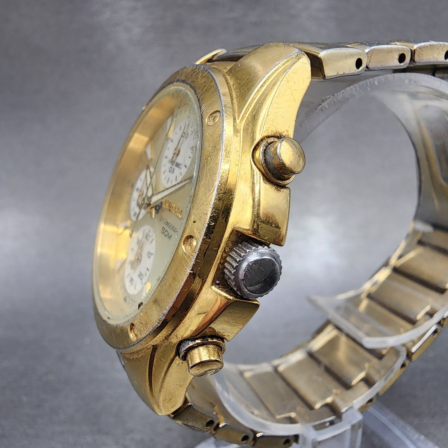 Seiko Chronograph Watch Men 39mm Champagne Dial Gold Tone Date New Battery2
