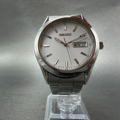 Seiko Watch Men 37mm White Dial Silver Tone Daydate Round 7N43-9080 New Battery5