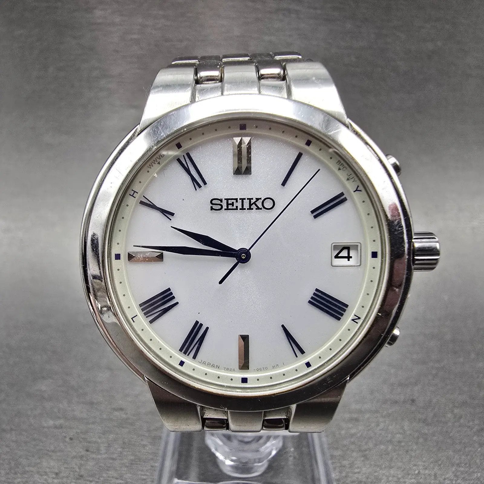 Seiko Atomic Solar Watch Men 37mm White Dial Silver Tone Date 7B24-0BS0 PARTS0