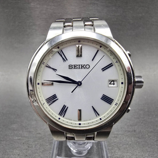 Seiko Atomic Solar Watch Men 37mm White Dial Silver Tone Date 7B24-0BS0 PARTS0
