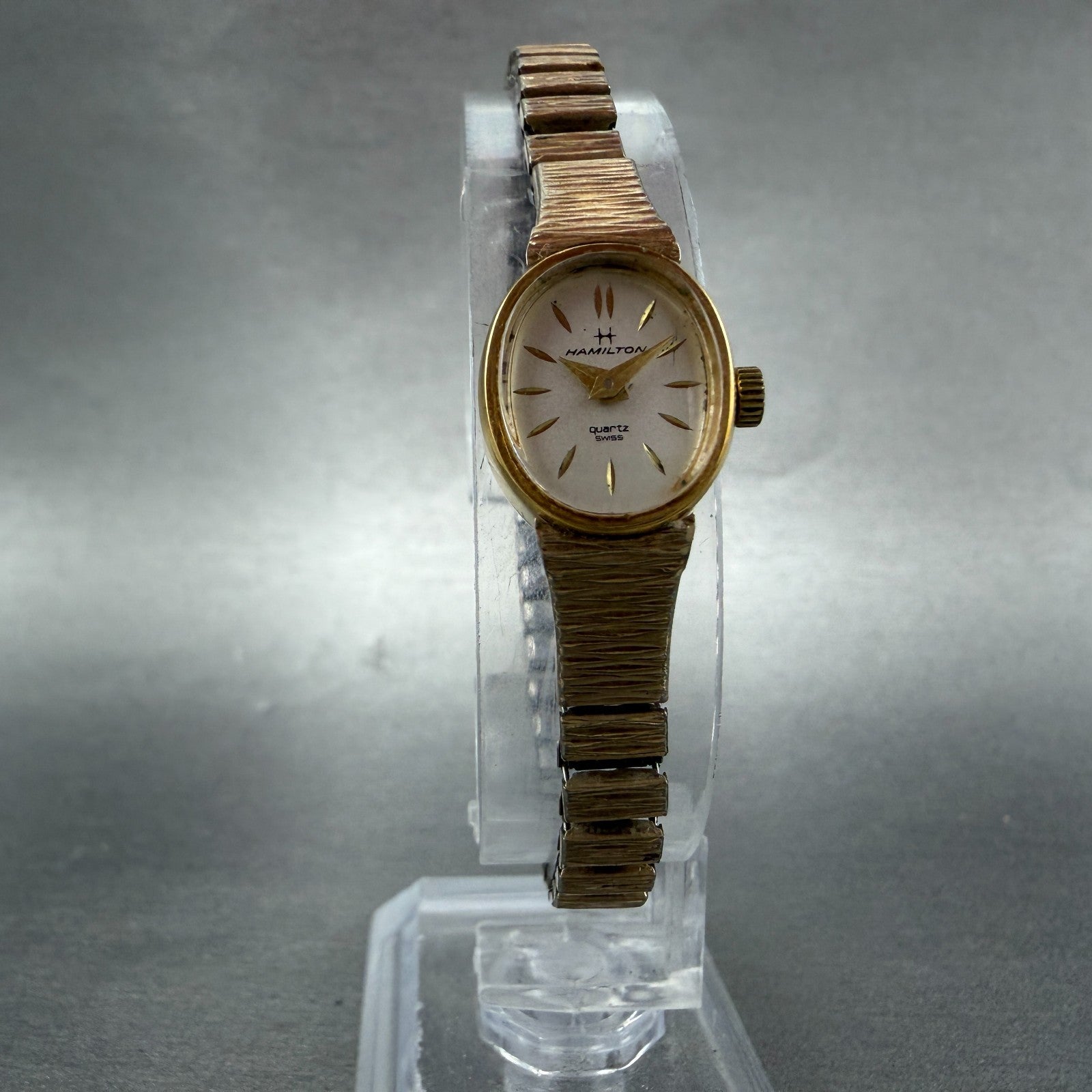 Hamilton Watch Women 14mm White Dial Gold Tone Oval New Battery Vintage ABC5