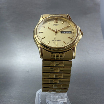 Citizen Watch Men 34mm Champagne Dial Gold Tone Daydate 5500-S24485 New Battey5