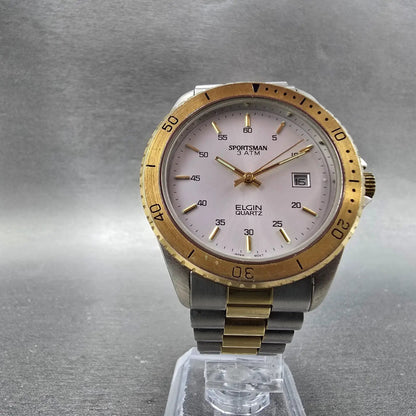 Elgin Sportsman Dive Watch Men 38mm Silver Dial Two Tone Date Round New Battery5