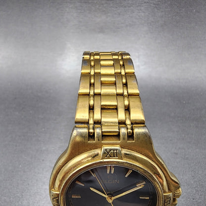 Elgin Watch Men 38mm Black Dial Gold Tone Date Round FCM004-017 New Battery