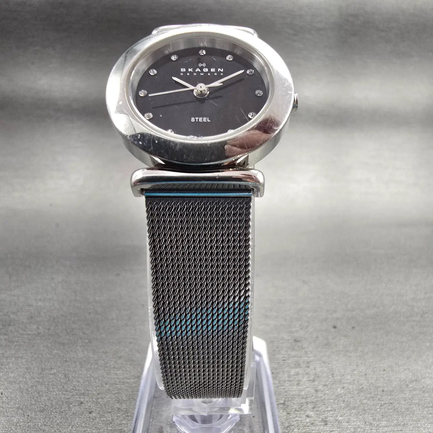 Skagen Watch Women 22mm Black Dial Silver Tone Round 107SSSBD New Battery Mesh5