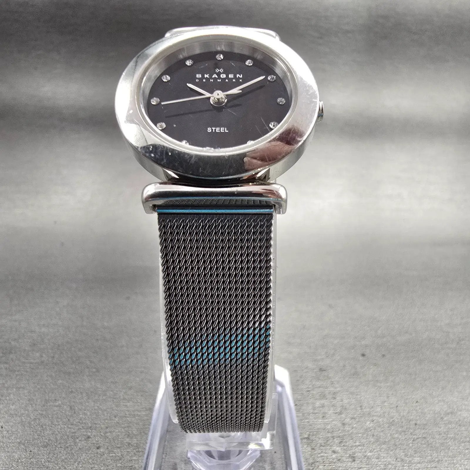 Skagen Watch Women 22mm Black Dial Silver Tone Round 107SSSBD New Battery Mesh5