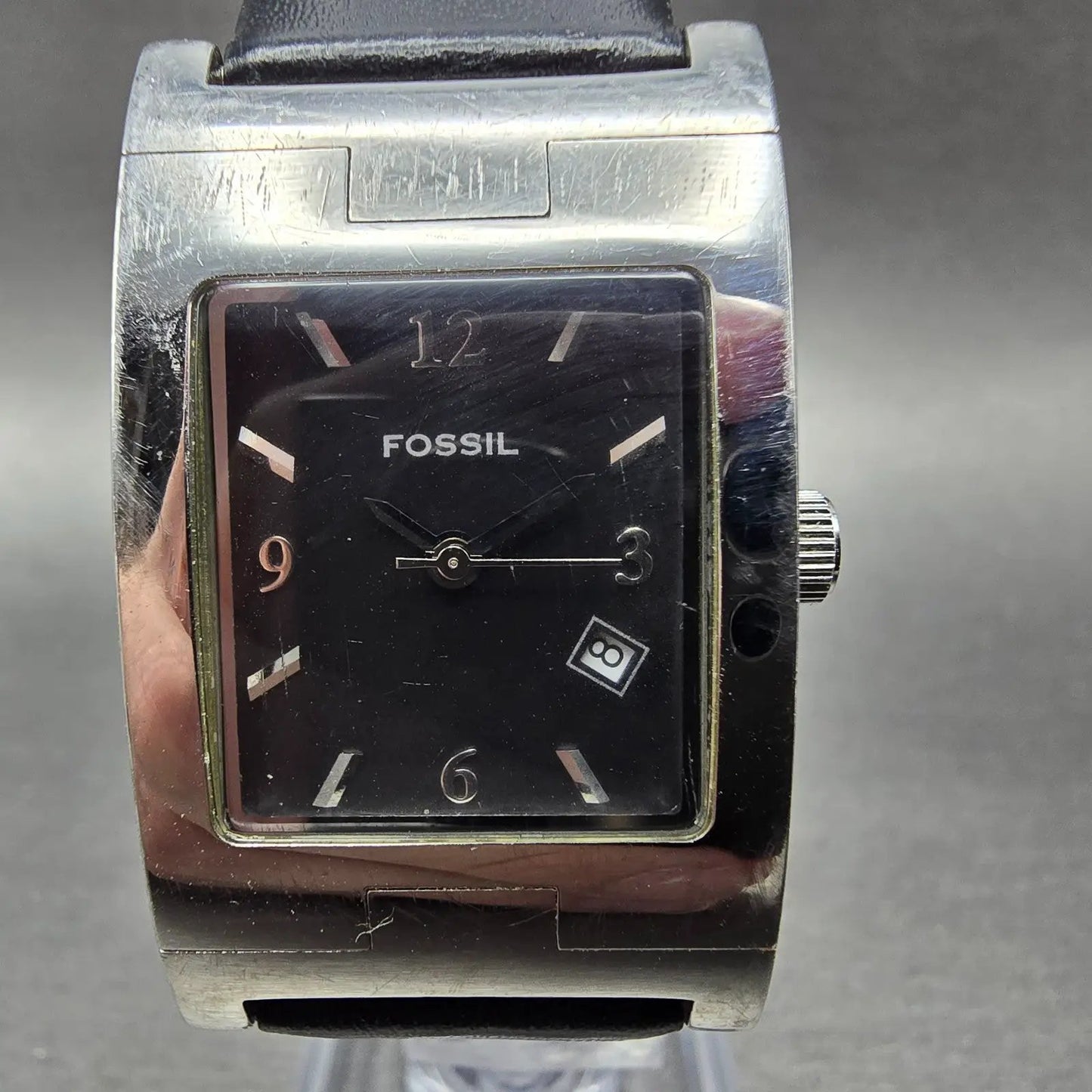 Fossil Tank Watch Women 24mm Black Dial Silver Tone Date PR-5229 New Battery0