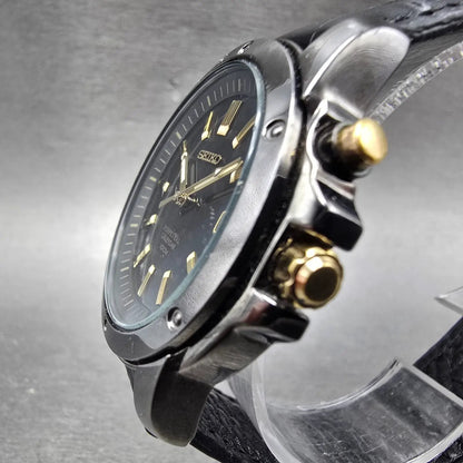 Seiko Perpetual Calendar Watch Men 39mm Black Dial Black Gold Date New Battery F2