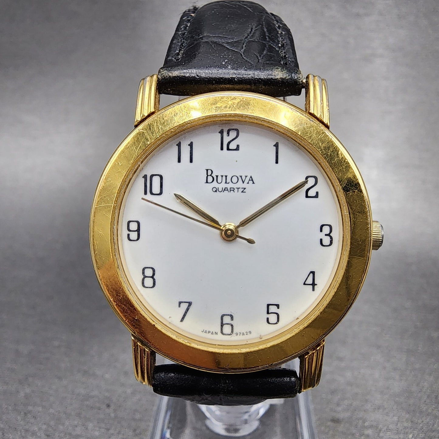 Bulova Watch Men 33mm White Dial Gold Tone Round 97A29 Leather Band New Battery0