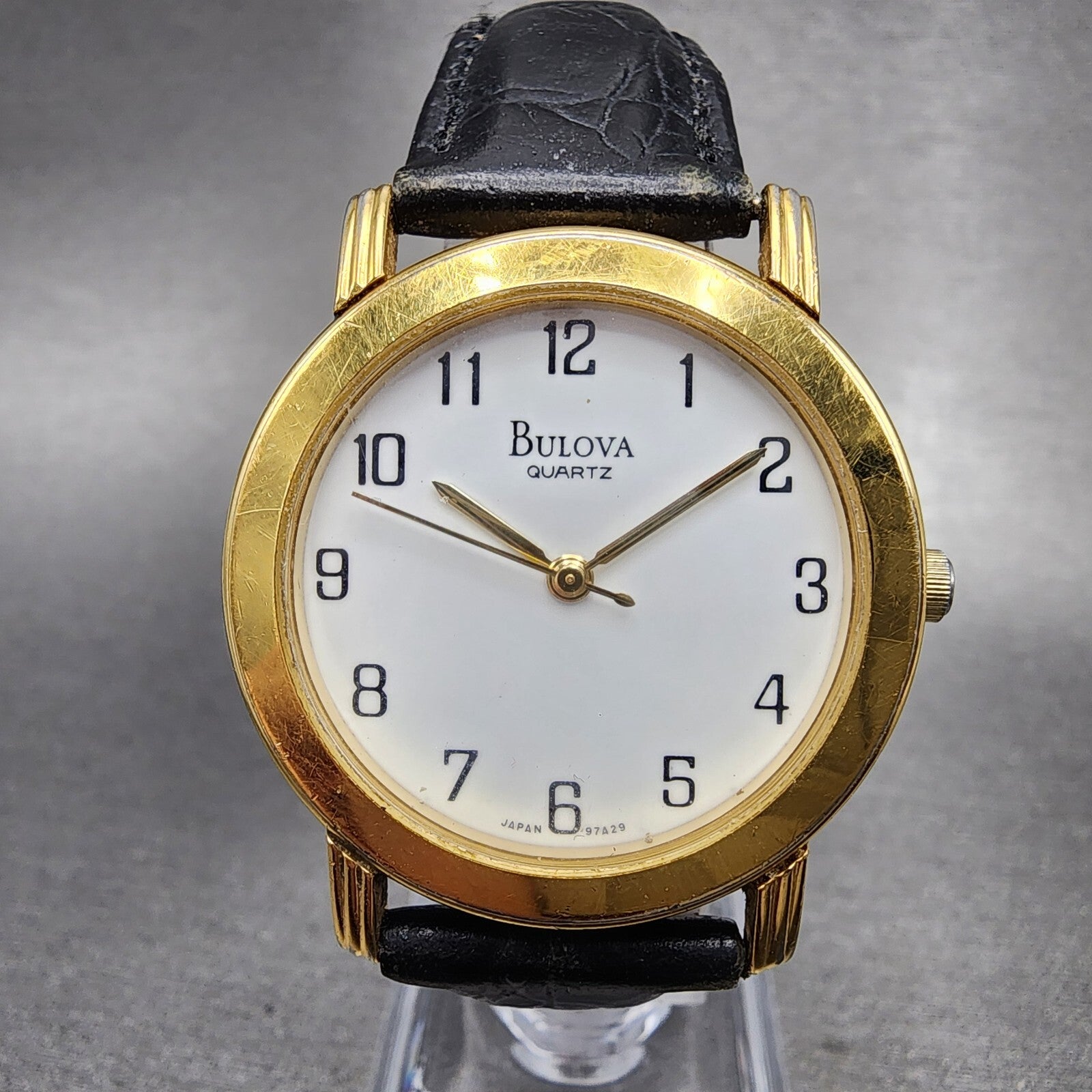 Bulova Watch Men 33mm White Dial Gold Tone Round 97A29 Leather Band New Battery0