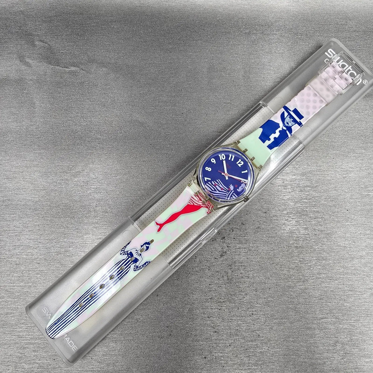 Swatch Gruau Watch Men 34mm Blue Dial Clear Case GK147 New Battery NOS15
