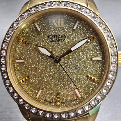 Citizen Watch Men 35mm Gold Dial Gold Tone Gemmed Round 1032-S086248 New Battery1