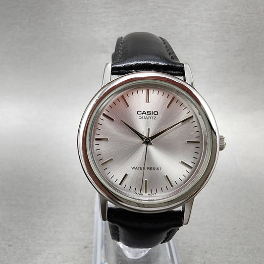Casio Watch Men 33mm Silver Dial Silver Tone Round Leather MTP1403 New Battery0