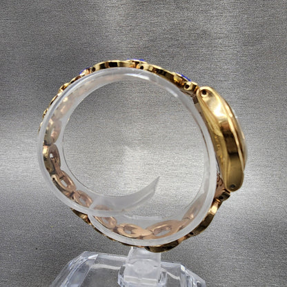 Swatch Irony Watch Women Champagne Dial Rose Gold Tone Round Purple Gems New Bat7