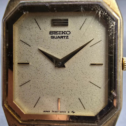 Seiko Watch Men 26mm Cream Dial Gold Tone Rectangle 7430-5409 New Battery VTG1