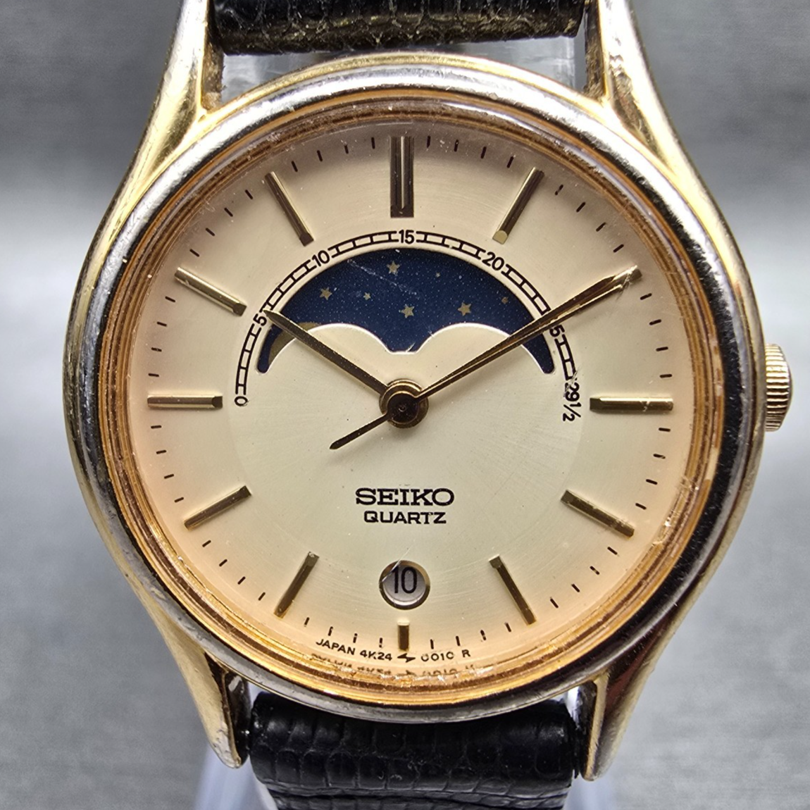 Seiko Moon Phase Watch Women 25mm Champagne Dial Gold Date 4K24-0019 New Batt 451