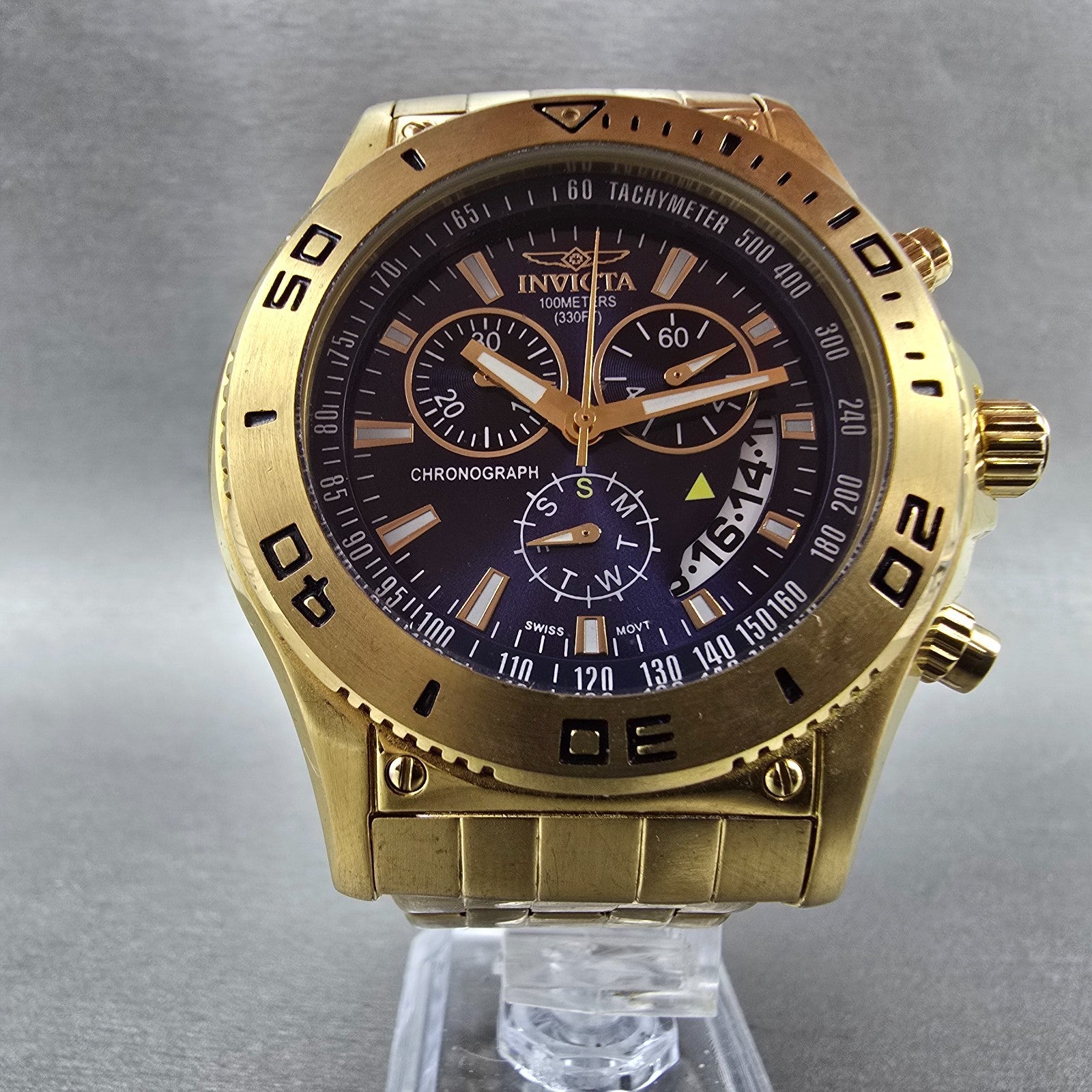 Invicta Chronograph Dive Watch Men 46mm Blue Dial Gold Tone Daydate 6858 New Bat5