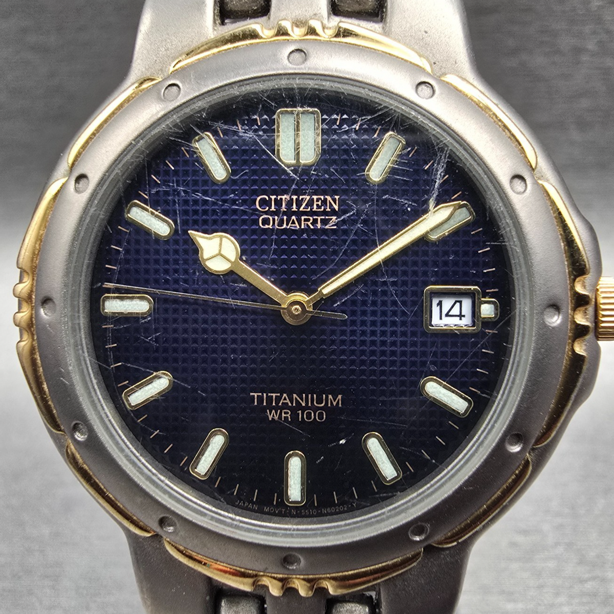 Citizen Watch Men 35mm Blue Dial Two Tone Titanium Date 5510-S61615 New Battery1