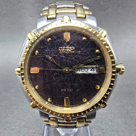 Citizen Eco-Drive Watch Men 37mm Black Dial Two Tone Daydate E101-S030528 Runs0
