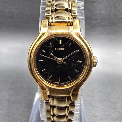 Seiko Watch Women 19mm Black Dial Gold Round V401-0289 New Battery Vintage JP560