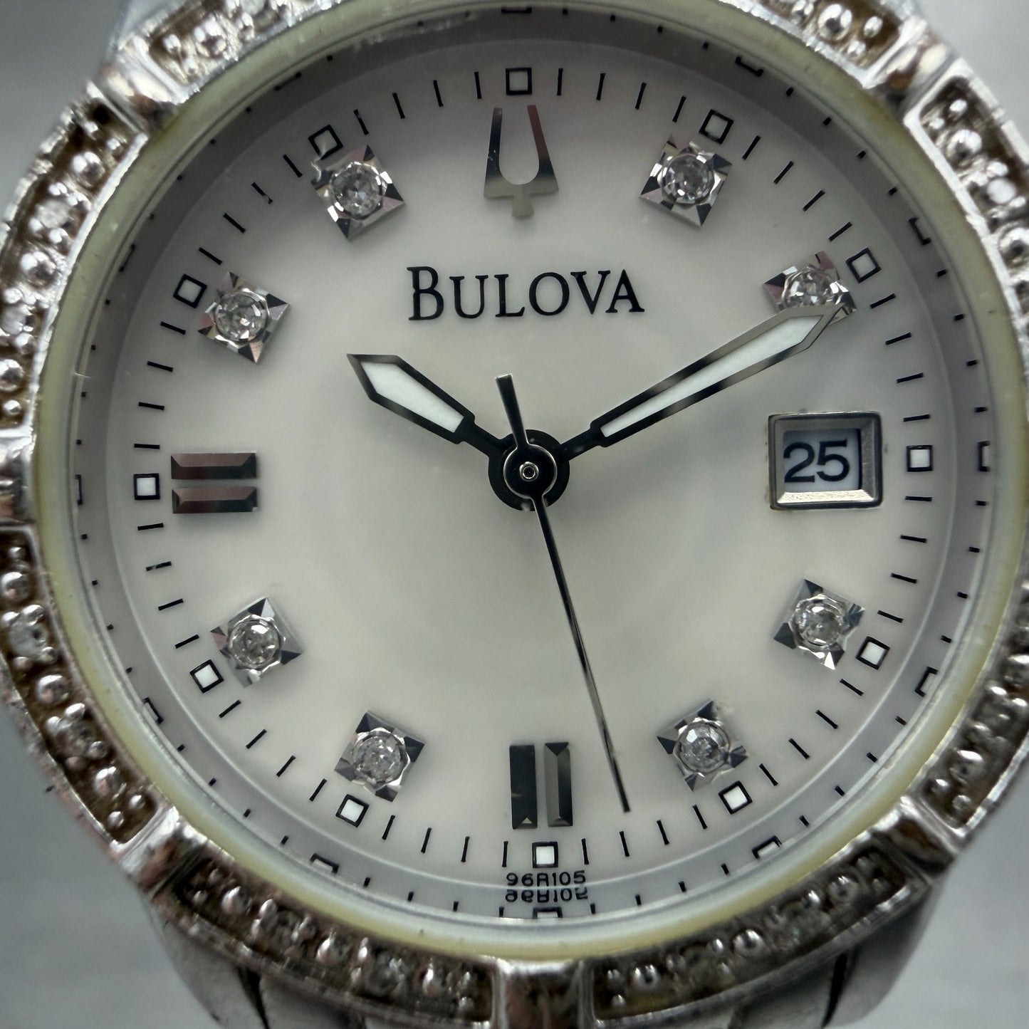Bulova Watch Women 26mm MOP Dial Silver Tone Date Round 96R105 New Battery1