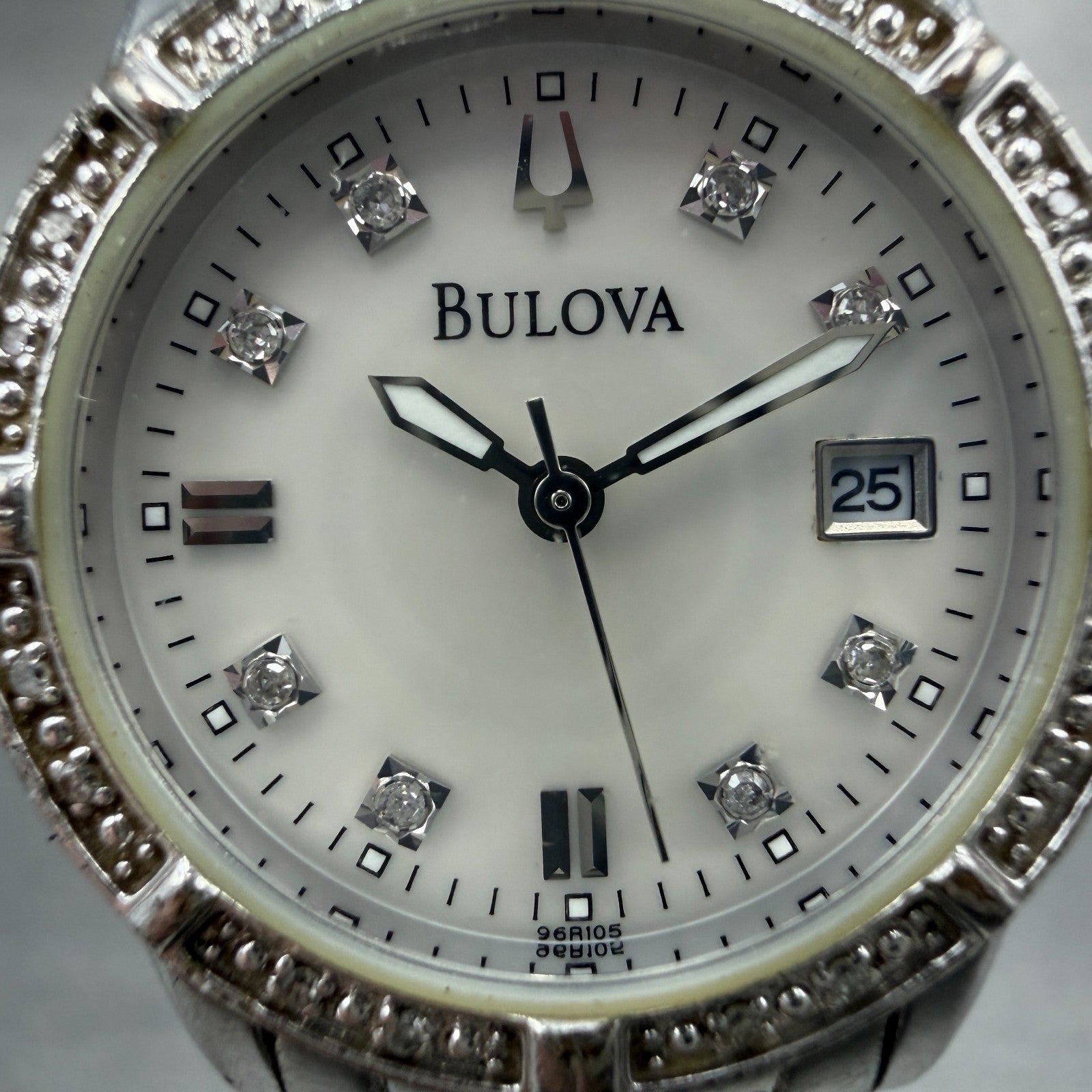 Bulova Watch Women 26mm MOP Dial Silver Tone Date Round 96R105 New Battery1