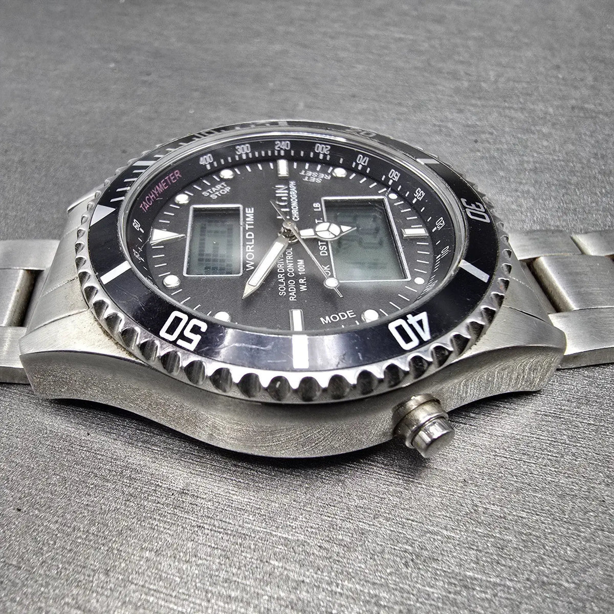 Elgin Dive Watch Men 42mm Black Dial Steel Atomic Solar Analog Digital Runs READ6