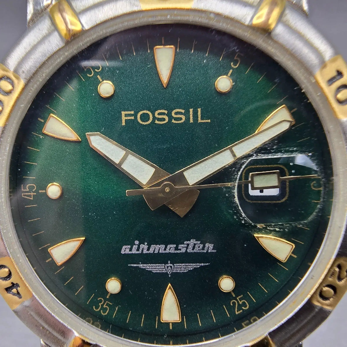 Fossil Airmaster Watch Men 38mm Green Dial Two Tone Date Round AC-1611 New Batt1