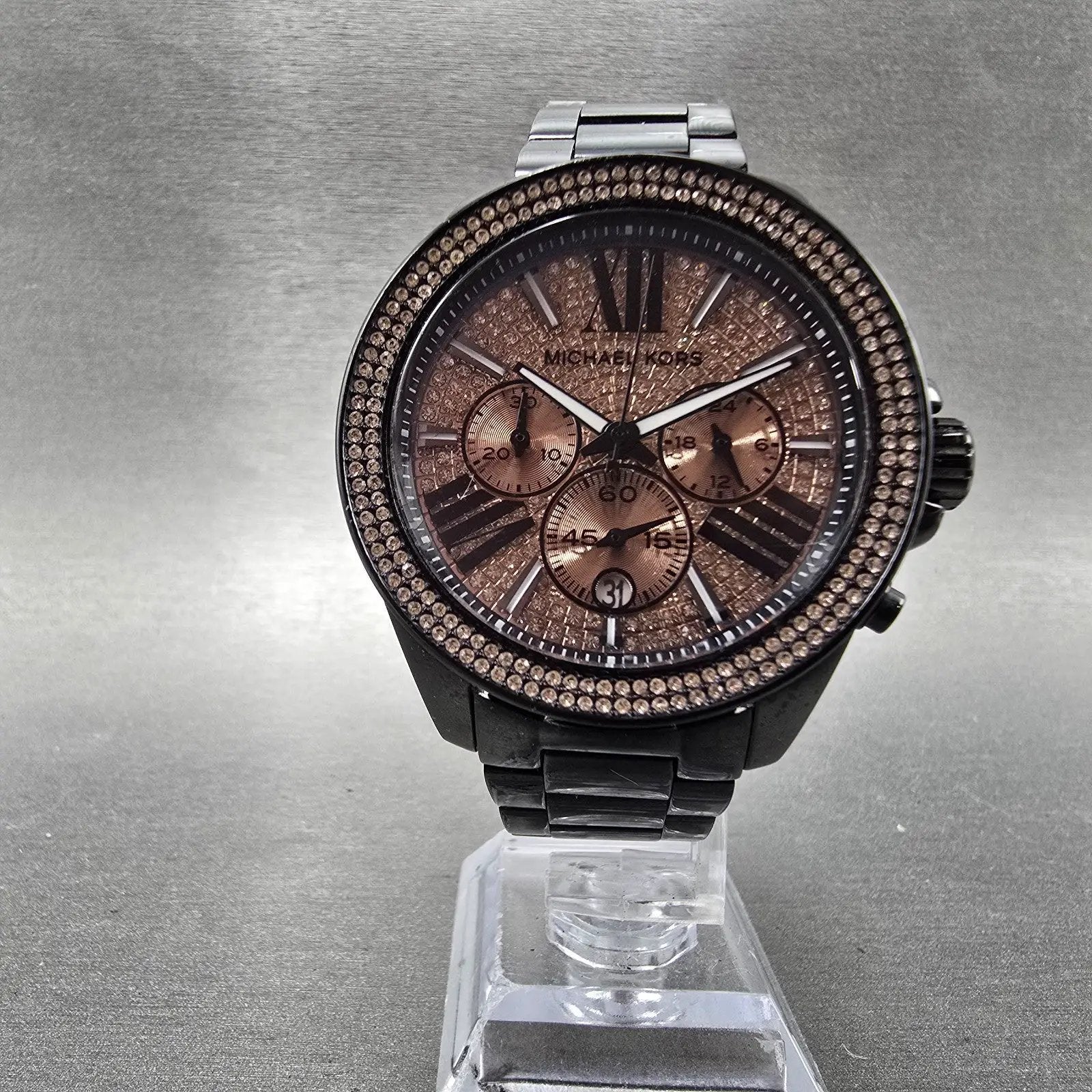 Michael Kors Wren Chronograph Watch Women 42mm Pink Dial Black Tone Dat New Batt5