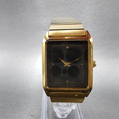 Seiko Tank Watch Men 25mm Black Dial Gold Tone 5Y005000 Rectangle New Battery0
