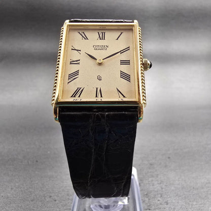 Citizen CQ Tank Watch Men 25mm Ivory Dial Gold Tone Rectangle 4-797400 New Batt5
