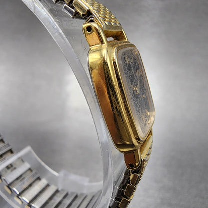 VTG Seiko Watch Women 17mm Black Dial Gold Tone Rectangle 1N00-5K29 New Battery