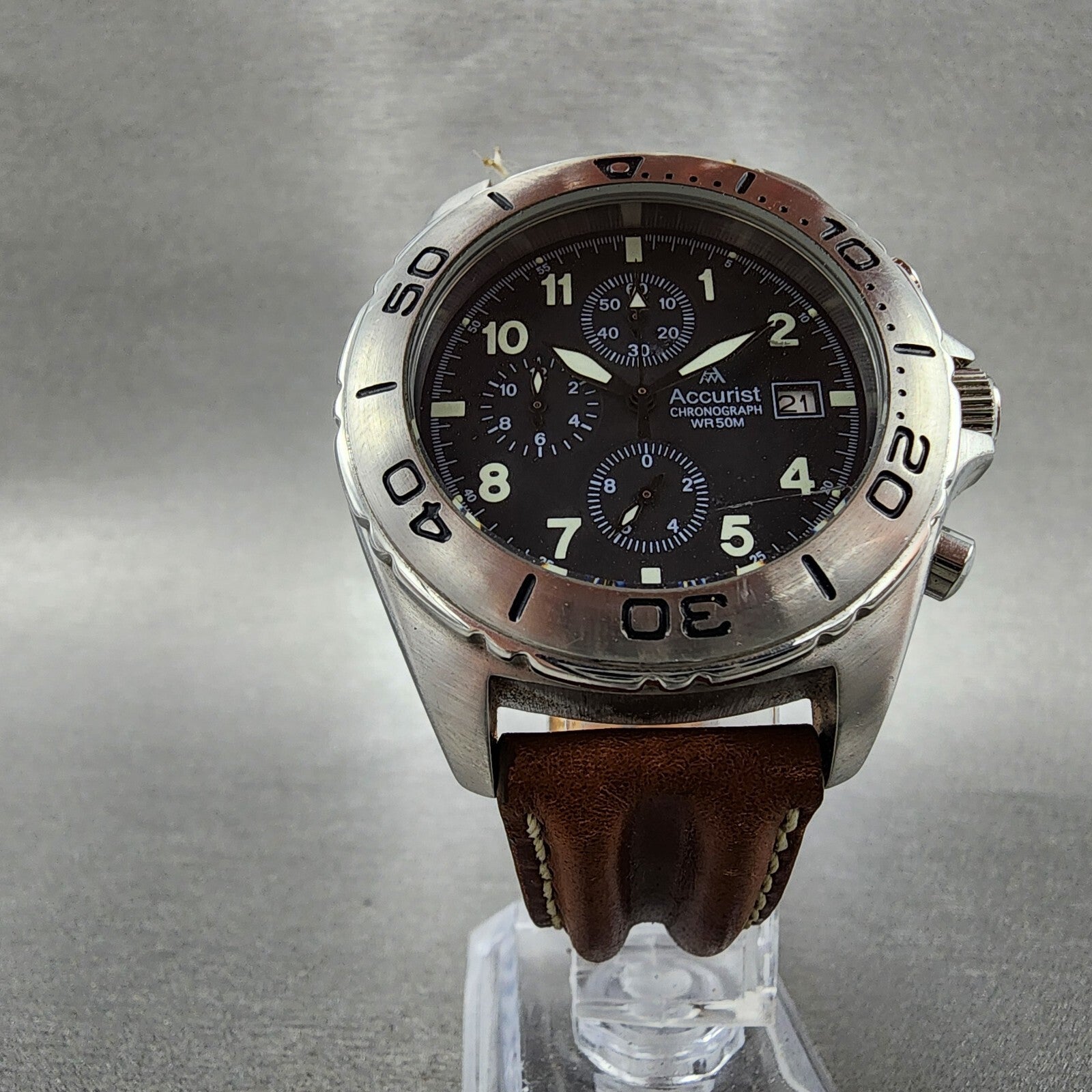 Accurist Chronograph Watch Men 41mm Black Dial Steel Date Round New Battery READ5
