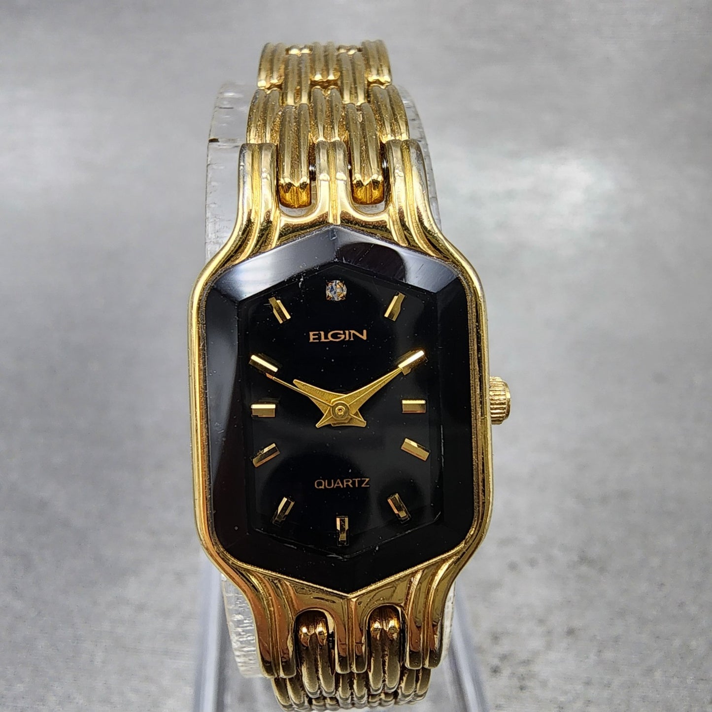 Elgin Watch Women 17mm Black Dial Gold Tone Hexagon EL394 New Battery0