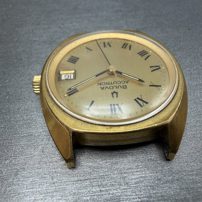 Bulova Accutron Watch Men 35mm Champagne Dial Gold Tone Date Round PARTS Vintage5