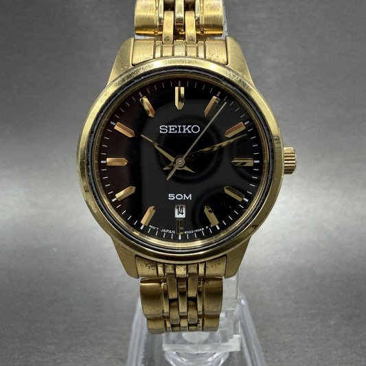 Seiko Watch Women 29mm Black Dial Gold Tone Date Round 6N22-00A0 New Battery AB0