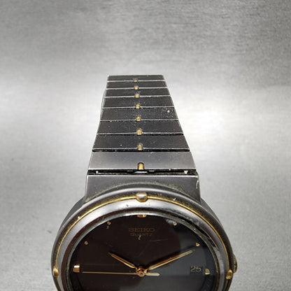 Seiko Watch Men 33mm Black Dial Black & Gold Tone Round Date 74326050 New Batt4