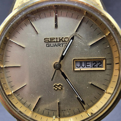 Seiko SQ Watch Men 35mm Champagne Dial Gold Tone Daydate Round 8223-8009 PARTS3