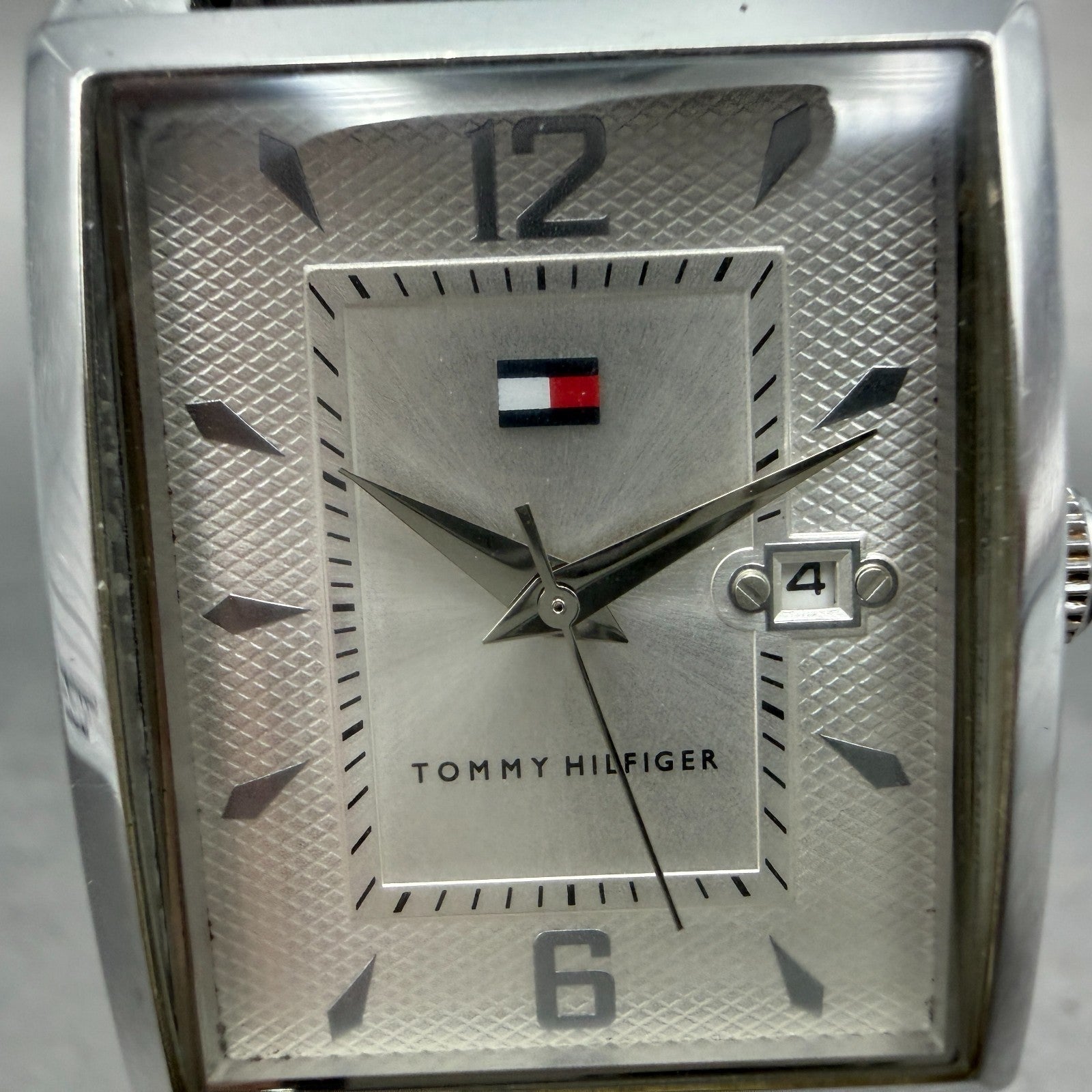 Tommy Hilfiger Tank Watch Men 29mm Silver Dial Silver Tone Date Rectangle NewBat1