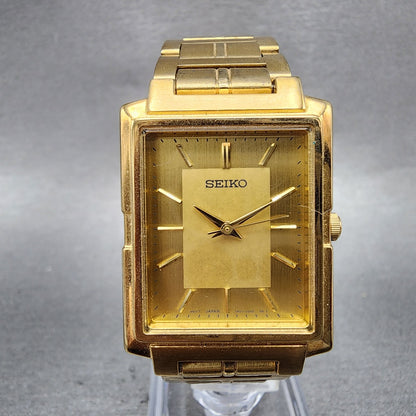 Seiko Tank Watch Men 26mm Champagne Dial Gold Tone Rectangle 7N015C90 New Batt0