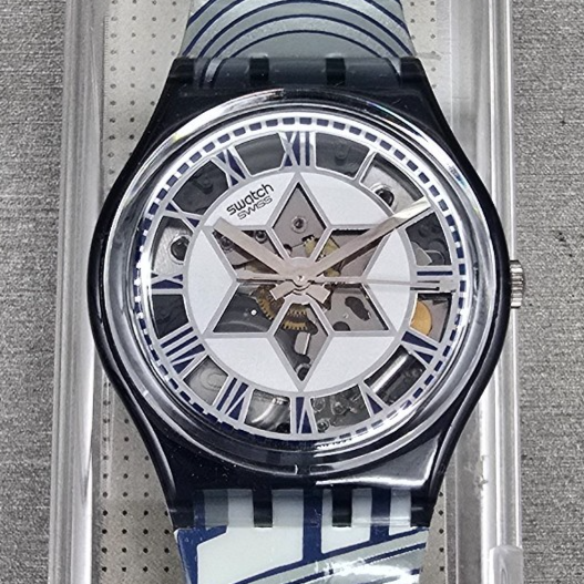 Swatch Decoscraper Watch Men 34mm Silver Dial Black Case GP109 New Battery NOS1