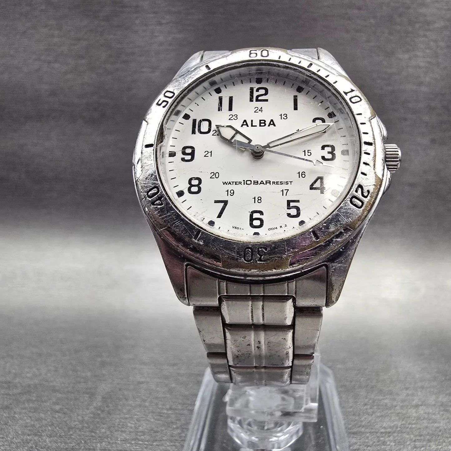 Seiko Alba Watch Men 36mm White Dial Silver Tone Round V501-0DA0 New Battery D5